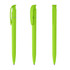 A set of vibrant lime green plastic pens with clips, showcasing different angles of the product.