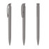 A set of grey plastic pens featuring a sleek design with a clip, showing different angles and a logo.