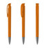 An orange metal pen with a high gloss finish, featuring a clip and sleek design. It includes a logo on the body.