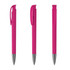 A pink metal pen with a glossy finish, featuring a clip and a sleek design. It has branding on the surface.
