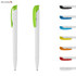 Plastic pens in white with a green clip, alongside various other coloured clips in blue, orange, black, and grey.