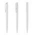 A set of white plastic pens with a smooth design, featuring a clip and a logo on the side.