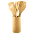 A bamboo cutlery set with a variety of utensils in a matching holder, featuring a warm, natural colour.