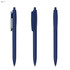 A blue plastic pen with a sleek design and a clip, displayed from multiple angles. It features a simple logo.