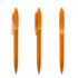 An orange transparent pen with a clip and a rubber grip, presented from multiple angles.