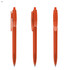 An orange plastic pen featuring a clear barrel and click mechanism, presented from three angles with a logo.