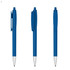 A blue plastic pen with a silver tip and a clip, presented in three different angles. It features a logo.