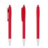 A set of red plastic pens with silver accents and a clip; featuring three different angles.