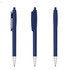 A navy plastic pen with a clip and a silver nib, displayed from three angles. The pen has branding on it.