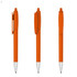 An orange plastic pen featuring a clip and a silver tip, presented from three different angles.