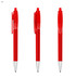 A red plastic pen featuring a transparent cap and clip, with a silver metallic tip. It has a small logo.