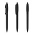 A set of three black plastic pens featuring different angles and a prominent clip. Each pen has a smooth finish.