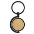 A round bamboo key ring with a black metal attachment, featuring a smooth wooden surface.