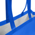 A blue laminated non-woven trade show bag with two handles and a white interior. Features branding.