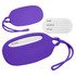 A purple silicone luggage tag with a white insert for personal information and a loop attachment.
