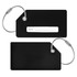 A black silicon luggage tag featuring a wire attachment and a blank area for personal details.