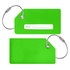 A bright green silicone luggage tag with metal attachment loops, featuring a blank name field for personalisation.