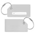 A grey silicon luggage tag featuring a blank name field and secured with a metal loop.