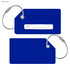 A dark blue silicon luggage tag with a white name label and a metal attachment loop.