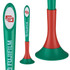 A green and red plastic pen with a rounded tip and a logo. It features a sleek design suitable for writing.
