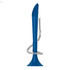 A blue plastic pen with a sleek design and a coiled silver clip attached to its top.