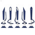 A set of five navy blue and white writing pens with a coiled design, featuring a logo on their surface.
