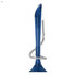 A blue plastic pen with a unique design features a flexible coiled spring attachment. It has a logo on the side.