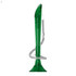 A green plastic pen with a unique design, featuring a coiled metal spring attached. It has a logo on the side.