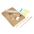 A brown stationery set featuring a notebook, pen, pencil, ruler, sharpener, eraser, sticky notes, and two wooden sticks.