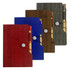 A set of four notebooks in red, blue, brown, and green with a pen attached, featuring a button closure.