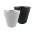 A set of two 8oz plastic cups in black and white, featuring a ribbed design and a logo on one cup.
