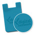 A teal silicone phone wallet featuring an embossed logo, designed to adhere to the back of a mobile device.