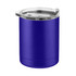 A blue coffee mug with a clear lid, featuring a sleek, modern design and a branding logo.