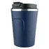 A reusable coffee cup in navy blue with a black lid and metallic band. It features a logo.