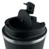 A reusable black coffee mug featuring a silver band and a flip-top lid. It includes a logo or branding element.