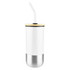A drink bottle featuring a white body with a stainless steel bottom, a gold rim, and a straw. It has a logo.
