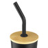 A black travel mug with a bamboo lid and a black straw. It features a logo on the side.