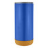 A travel mug in blue with a cork base and a silver lid, featuring a simple design and logo.