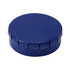 A deep blue mint tin with a rounded lid, featuring a textured edge. The tin has a logo on the top.