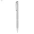 A shiny silver metal pen with a sleek design, featuring a clip and a branding logo.