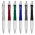 A collection of six metal pens in silver, red, green, blue, black, and grey, featuring a logo on each.