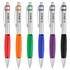 A collection of six metal pens in red, orange, green, blue, purple, and black with silver accents and a logo.