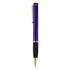 A metal pen with a purple barrel and gold accents, featuring a black rubber grip and a clip.