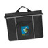 A black Envoy Satchel with a front zip pocket and a logo on the front. Features white accent lines.