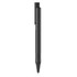 A sleek black metal pen with a clip and fine tip, featuring a logo on the barrel.