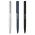 Three metal pens in silver, navy blue, and black, featuring a logo on each pen.