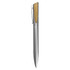 A silver metal pen with a wooden accent and a clip. It features a sleek, modern design.