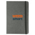 A grey notebook with a black elastic band and a logo in orange and blue. Ideal for office and business use.