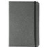 A grey notebook with a textured cover and an elastic band closure. It features a logo on the front.