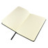 An open black notebook with lined pages and a ribbon bookmark, showcasing its simple and elegant design.